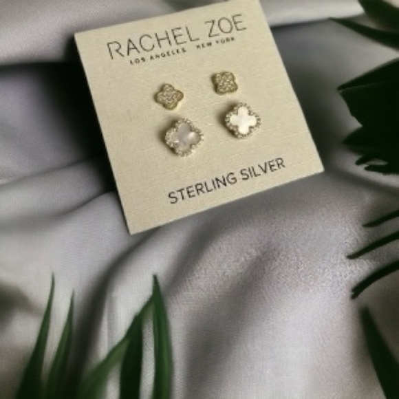 NWT Earrings RachelZoe Gold Sterling Silver Mother of Pearl Clover Stud Earrings - Picture 1 of 6